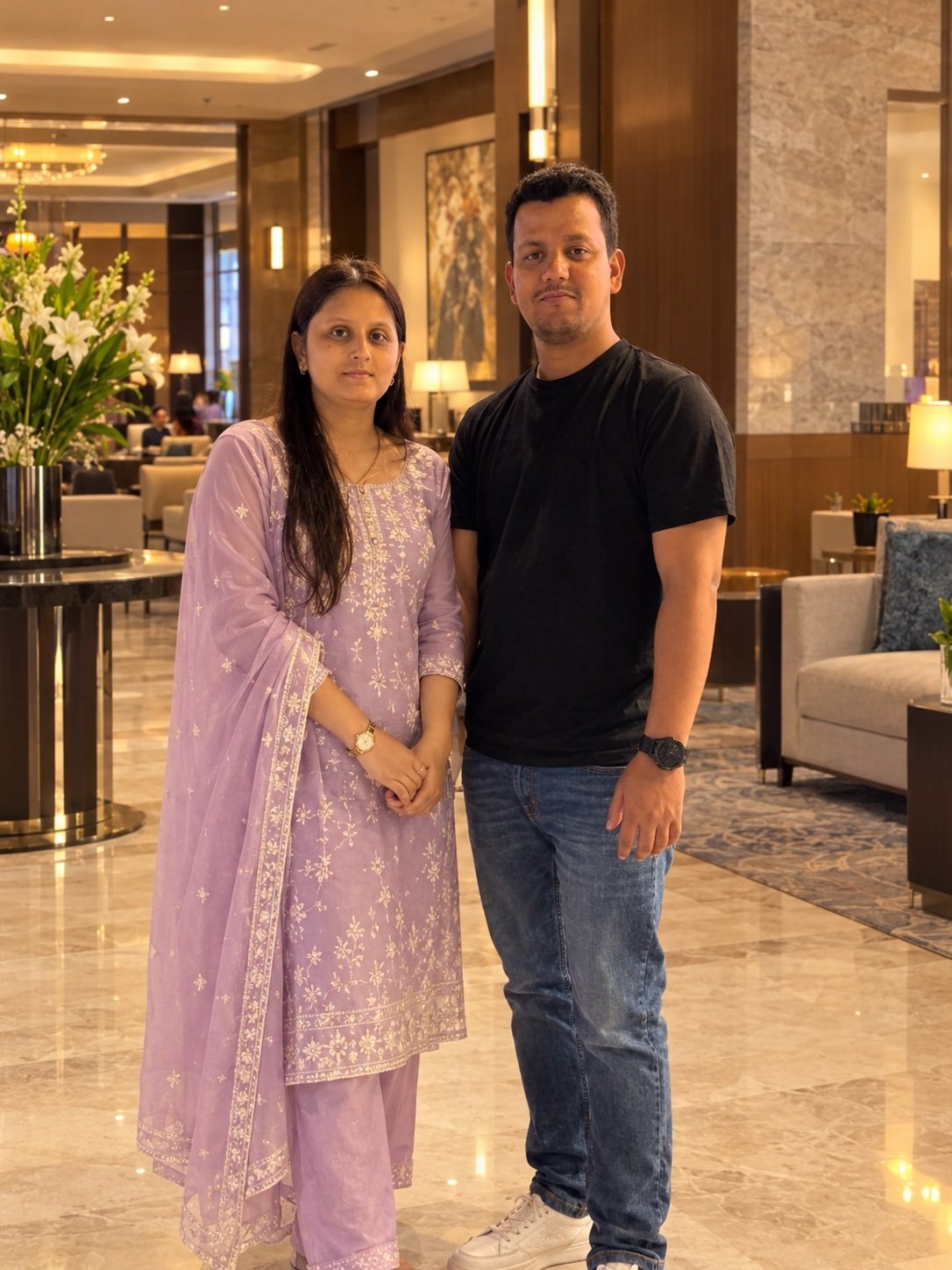 Riya and Ranjan standing together in an elegant hotel lobby